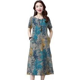 Cotton Linen Dress Women Fashion Plus Size Loose Print Short-Sleeved Casual Dresses Feminina LR1059 210531