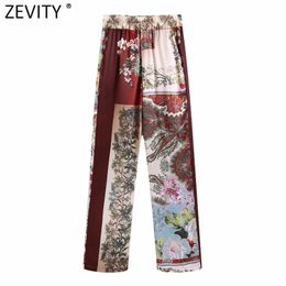 Zevity Women Vintage Cloth Patchwork Totem Print Striaght Pants Female Chic Retro Elastic Waist Trousers Pantalones Mujer P1146 210915