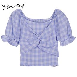 Yitimuceng Plaid Blouse Women Shirts Solid Summer Fashion Clothes Short Sleeve O-Neck Puff Sleeve Simply Style Tops 210601