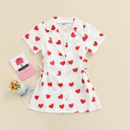 Girl's Dresses Girls Summer Shirt Dress Valentine's Day Love Heart Print Lapel Short Sleeve Bandage Button-Down For Kids