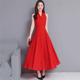 Summer Dress Women Red Green Black S-3XL Plus Size Ankle-length es 19 Korean Fashion V Neck Slim White Maxi LR250 210531