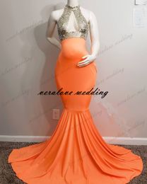 Sexy Prom Dresses Mermaid Halter Neck Orange Sequins Beads Pregnant Party Wear African Girl Formal Evening Gowns