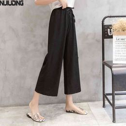 Spring Summer Women Wide Leg Pant Female Casual Cotton and Line s Elastic Waist Solid Loose Trousers 210514