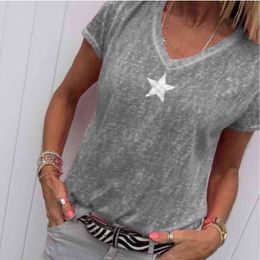 Summer T Shirt Women Casual V-Neck T-shirts Female Short Sleeve Tops For Girls Grey Solid Top Femme Tee Shirt Femme 210324