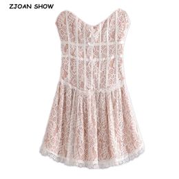 Sexy Strapless Women Lace Dress Bow Front V neck Fit and Flare Party Mini Dresses With lining 210429