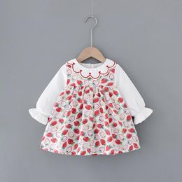 Girl's Dresses Spring Baby Girls Cute Strawberry Tutu Sweet Petal Collar Infants Long Sleeves Princess Dress Kids Print Cotton Full Pattern