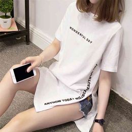Nkandby Plus size DAY Print Long T shirts Summer Women Loose Slit Femme Tops Cotton Tshirt Short sleeve Ladies t-shirt 210623
