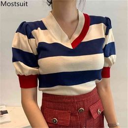 Summer Striped Knitted Tshirt Tops Women V-neck Short Sleeve Color-blocked Tees Pullover Korean Fashion Ladies T-shirt Femme 210513