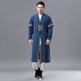 Ethnic Clothing Asian Traditional Tops Men Chinese Style Embroidered gown Autumn Cotton Linen Long Robe male Hanfu Tang Suit Costume