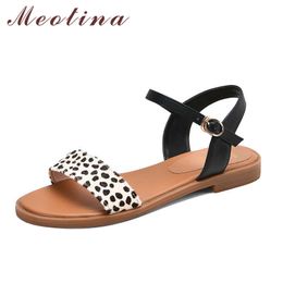 Meotina Women Shoes Leopard Natural Genuine Leather Sandals Cow Leather Buckle Round Toe Female Shoes Black Summer Large Size 43 210608