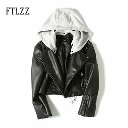 Women Faux Leather Jacket Spring Autumn Hooed Removable Hat Street Short Coat Ladies Black Pu Outerwear 210525