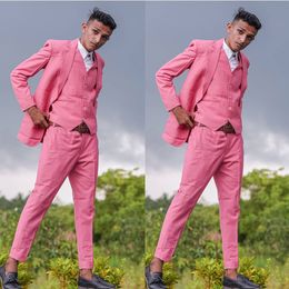 Hot Pink Mens Pants Suits Classic Fit Groom Tuxedos Peaked Lapel Prom Party Blazer Overcoat (Jacket+Vest+Pants)