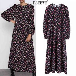 Black Floral Long Dress Women Vintage Printed Puff Sleeve Maxi Winter Elegant es For Year 210519