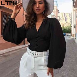 LTPH Autumn new women shirts sexy Deep V-neck high waist lantern sleeve fashion single-breasted solid blouse tops 210323