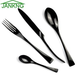 JANKNG 4Pcs/Lot Black Stainless Steel Dinnerware Polishing Cutlery Set Kitchen Tableware Fork Steak Knife TeaSpoon Dinner Set 210317