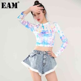 [EAM] Women velvet Tie Dye Temperament Short T-shirt Round Neck Long Sleeve Fashion Spring Autumn 1DA407 210512