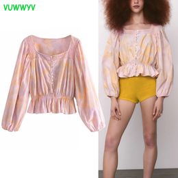 Women Blouses Pink Tie Dye Ruffle Blouse Woman Summer Long Sleeve Crop Top Female Elegant Front Button Elastic Hem Tunic 210430