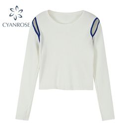 Split Design Skinny Knit T Shirt Women Long Sleeve Stylish White Streetwear Bodycon Tees Crewneck Y2K Egirl Sexy Slim Tops Lady 210515