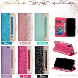 Lace Leather Wallet Case For Iphone 13 Pro max 12 mini 11 Pro XR XS X 8 7 6 Flower Zipper Money Card Pocket ID Slot Magnetic Flip Cover Phone Pouch+Bow Lanyard