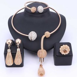 dubai gold pendants UK - Charm Dubai Gold Color Crystal Jewelry Sets For Women African Pendant Necklace Earrings Bangle Rings Party Dress Accessories 210720