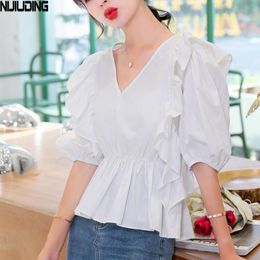 Elegant V-neck Ruffles Bandage Female Blouses Shirts Short Sleeve Chiffon Women Spring Summer Blusas 210514