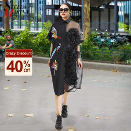 Summer Woman Black Midi Mesh & Chiffon Shirt Dress Plus Size Ruffle Embroidery Sequined Lady Sheer Voile Party Dresses Robe 3392 210322