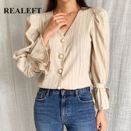 Spring Chic Single Breasted Women's Shirt Female Blouse Tops V-Neck Puff Sleeve Korean OL Style Women Loose Blouses 210428