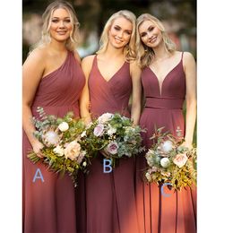 Red Elegant Formal Wedding Bridesmaid Dress Deep V-Neck Spaghetti Straps Sleeveless Floor Length Satin Simple Long Party Gowns