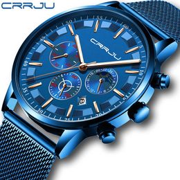 LMJLI - Mens Quartz Watches CRRJU Luxury Full Steel Men's Wristwatches Date Clock Military Waterproof Chronograph Relogio Masculino