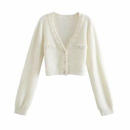 Women French Sweet Artificial Pearl Decoration Sweater Female Single-Breasted Long Sleeve Cardigan Chic Top 210520