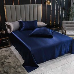 Bonenjoy 1pc Bed Linen Satin Blue Solid Colour Smooth Queen Size Flat Bed Sheet King Top Sheet for Beds(pillowcase need order) 210626