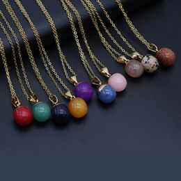 Chakra Round Ball Reiki Healing Natural Stone Pendant Necklace Amethyst Pink Rose Crystal Necklaces Women Jewellery 13x18mm