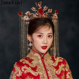 JaneVini Chinese Style Gold Ancient Bridal Crowns Butterfly Red Pearls Beaded Women Bride Wedding Pageant Headpiece Earrings Set Hair Clips