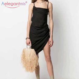 Aelegantmis Black Sexy Folds Spaghetti Strap Mini Dresses Women Summer Asymmetrical Slim Dress Vintage Pleat Party Club Vestidos 210607