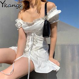 Puff Sleeve Ruffles White Dress Women Summer Vintage Bow Sexy Mini Party Dress Female Solid French Romantic Vestidos 210619