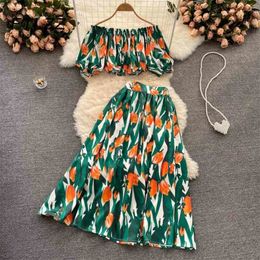 Women Beach Two Piece Sets Summer Floral Print Short Blouse Crop Tops High-waist Skirt Two-piece Suits Woman Boho Outfits 210525