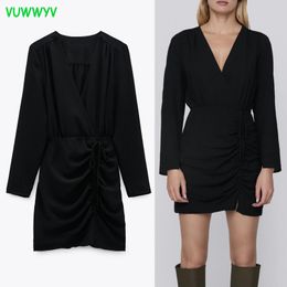 VUWWYV Black Sexy Ruched Mini Dresses for Women Draped Party Dress Woman Long Sleeve Elastic Waistband Vestidos Fall 210430