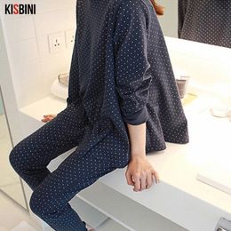 KISBINI 2PCS Women Pyjamas Sets Autumn Spring 100% Cotton Sleepwear Navy Dot Print O-Neck Long Sleeve Pyjamas Female Home Suit 210320