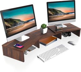 Dual Monitor Stand 3 Shelf Computer Laptop Stand Riser Desk Organizer for Home Office Use, Length and Angle Adjustable, Walnut Brown DT108002WB