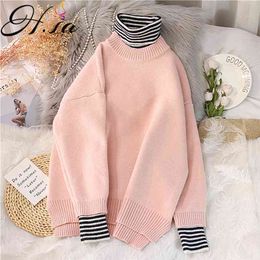 Women Pullover Sweaters Turtleneck Jumpers Red Beige Knitted Casual Pullovers Soft Warm Striped Korean Pull Tops 210430
