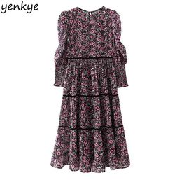 Fashion Women Vintage Floral Print Midi Dress O Neck Puff Sleeve Elastic Waist A-line Casual Spring Autumn Vestido 210514