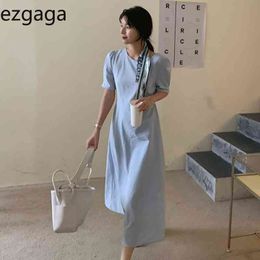 Ezgaga Vintage Short Puff Sleeve Dress Women Summer Elegant Backless High Waist Solid Office Lady Korean Fashion Robe Vestido 210430