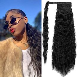 Long Corn Wave human remy hair Ponytail Extension Wavy malaysian Wrap Around Pony tail Magic Paste Hairpiece seamless clip in 140g 18"