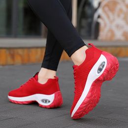 Wholesale Women's fashion running shoes cushion sneakers red purple black spring cross-border fly weaving breathable trendy net rocking casual