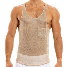 Men Sleeveless Mesh Thin Tops Summer Tank Tops Round Neck See Through Vests Man Fashion Pocket Vests Streetwear