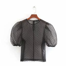 Leisure Women Dot jacquard Transparent yarn Shirt Spring Lady O Neck Puff Sleeve Blouses Slim Tops S6796 210430