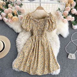 Sweet Women's Summer Fashion Sexy Korean Slash Neck Short Sleeve Slim Floral Print Holiday Mini A-line Dress Vestidos S359 210527