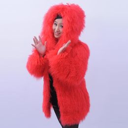 Women's Fur & Faux Tan Fashion Pure Beach Wool Full Leather Long Design Red Coat With A Hood