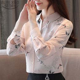 Autumn Long Sleeve Pink Ladies Tops Round Collar Print Chiffon Blouses Full Regular Office Lady Women Blouses 5708 50 210527