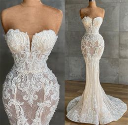 Arabic Aso Ebi 2021 Lace Beaded Mermaid Wedding Gowns Sweetheart Vintage Sexy Luxurious Bridal Dresses ZJ355